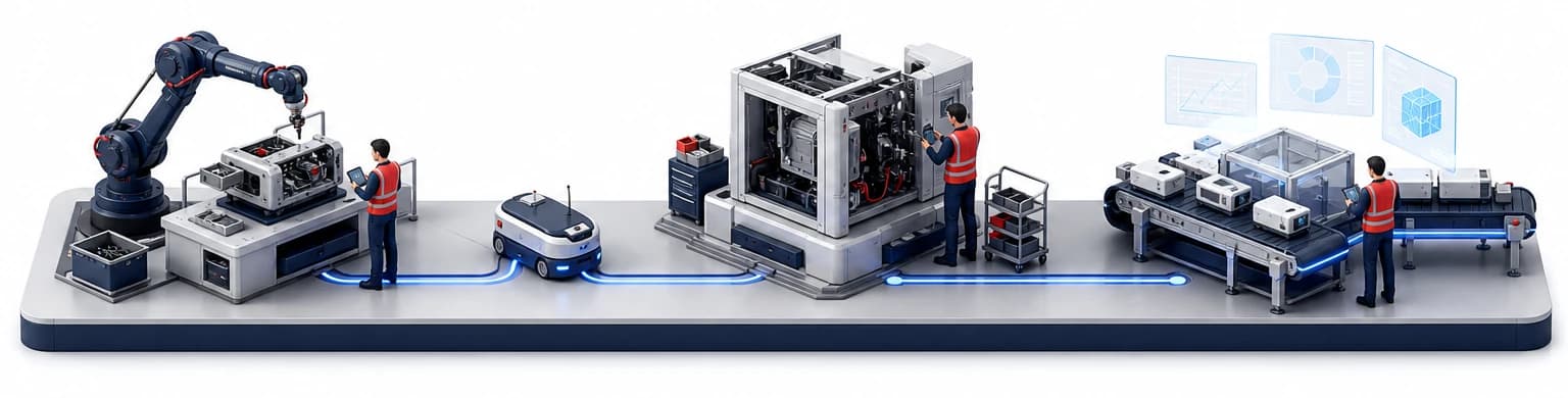 Industrial AI employees at work across a factory floor: robotic arm, mobile robot, custom machine and a smart production line
