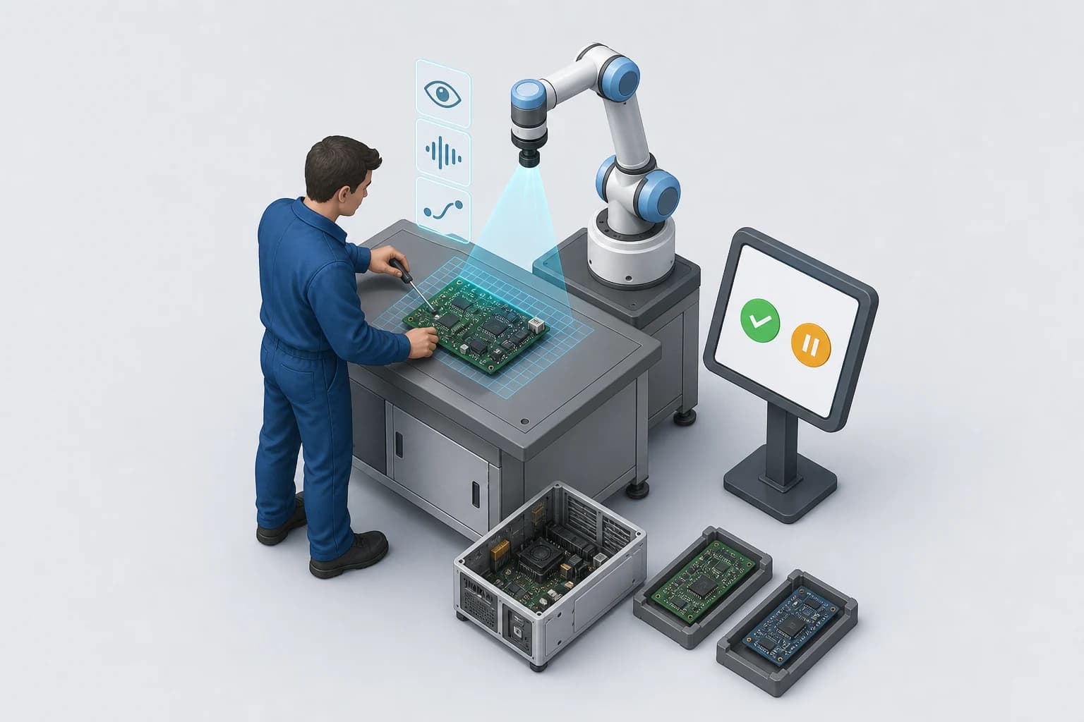 An operator and a collaborative robot arm at a WEEE dismantling station, working on a computer motherboard.